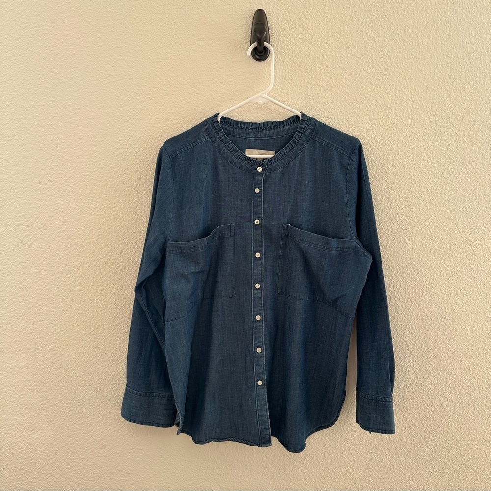 LOFT Women’s‎ Long Sleeve Linen blend Ruffle Collar Coastal Top Button up Large